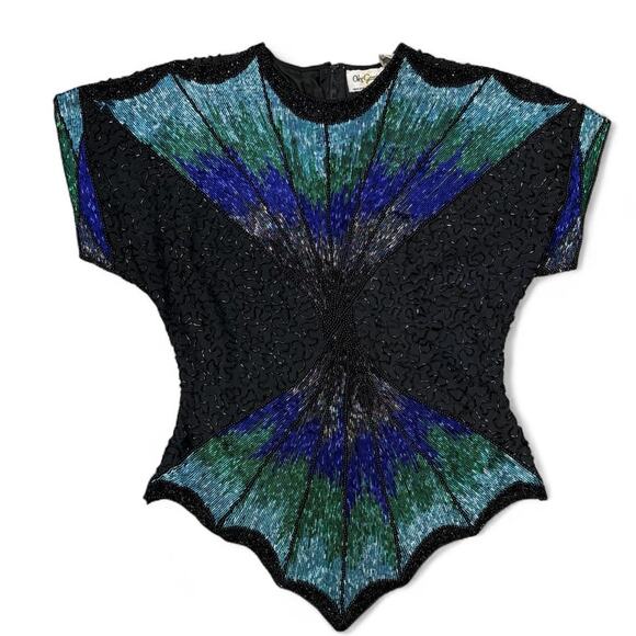 90s intricate beaded evening asymetrical zip-up going out top womens size small - Picture 1 of 7